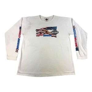 Harley-Davidson Shirt Mens XL White Long Sleeve American Flag 2007 Woodstock IL